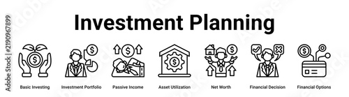 Investment Planning web banner icon vector illustration concept for business with icon of Basic Investing, Investment Portfolio, Passive Income, Asset Utilization, Net Worth, Financial Decision.