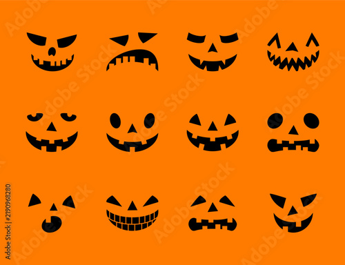 ghost scary face expressions set, funny halloween icons, spooky jack-o-lantern character collection, black eyes and mouth on orange background