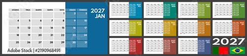 2027 whole year monthly office planner or wall calendar horizontal grid layout, monday first, two weekends, portuguese months name, each month on separated page, ready for print