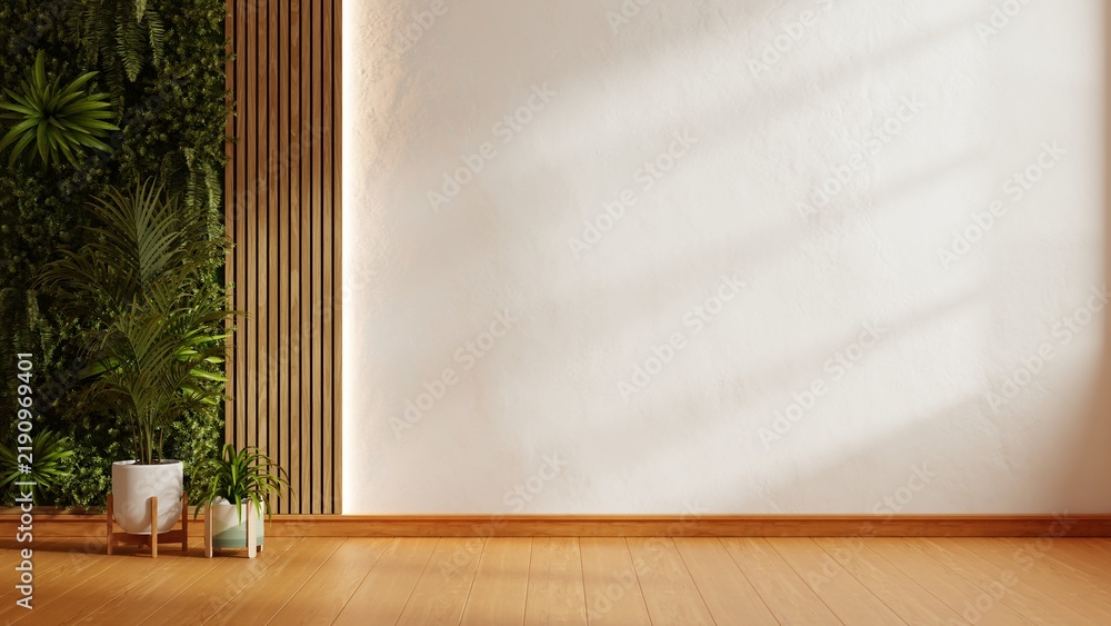 Obraz premium Blank textured wall beside a lush vertical garden, wooden panels and potted plants. Warm lighting and wooden flooring complement the interior with ample space for text- 3D rendering