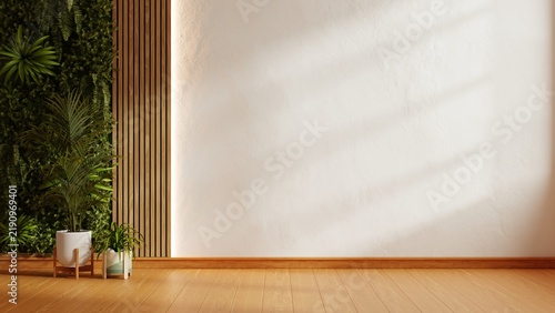 Blank textured wall beside a lush vertical garden, wooden panels and potted plants. Warm lighting and wooden flooring complement the interior with ample space for text- 3D rendering