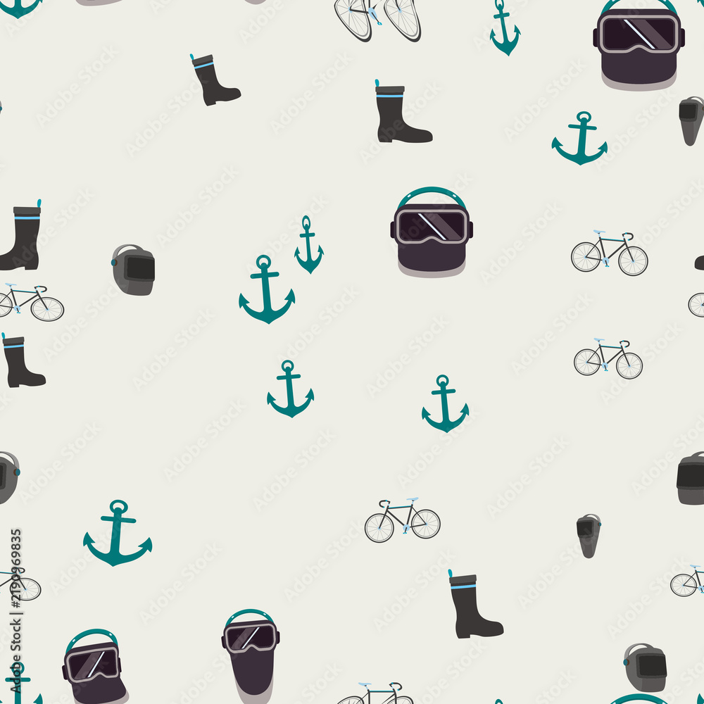 Seamless pattern of anchors, bicycles, and safety gear