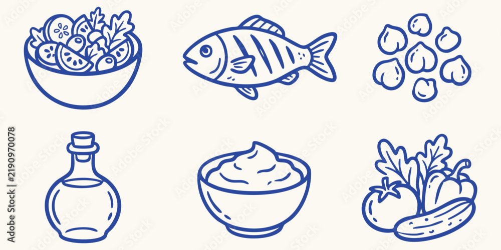 Obraz premium Hand drawn doodle icons of healthy food elements like fish salad and oil for culinary concepts