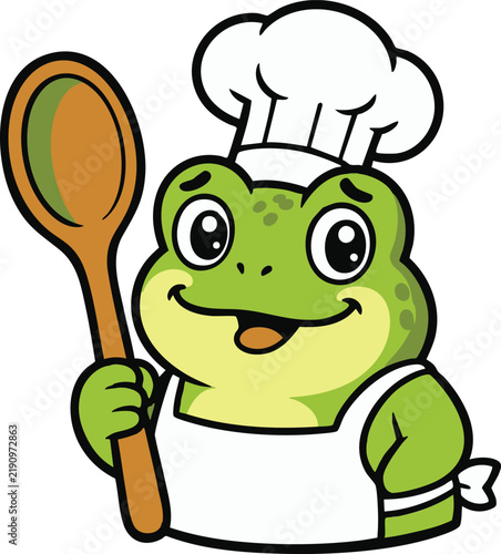 Cartoon green frog character standing and smiling on a plain white background