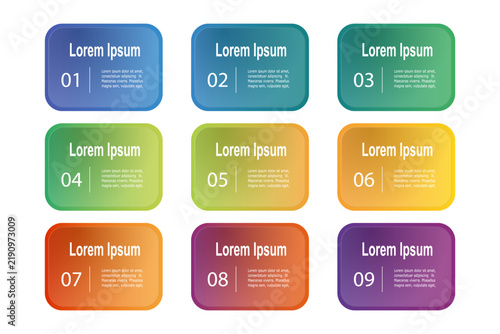 infographic elements template, business concept with 9 steps, multi gradient color rectangle shapes design with multi gradient color label for workflow layout, diagram, annual report, vector
