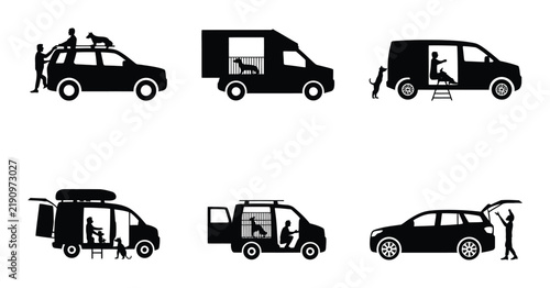 Dog Transport Vehicles, pet travel icons featuring animal care vans and SUV silhouettes, canine transportation, veterinary services, pet mobility, and animal travel illustrations.