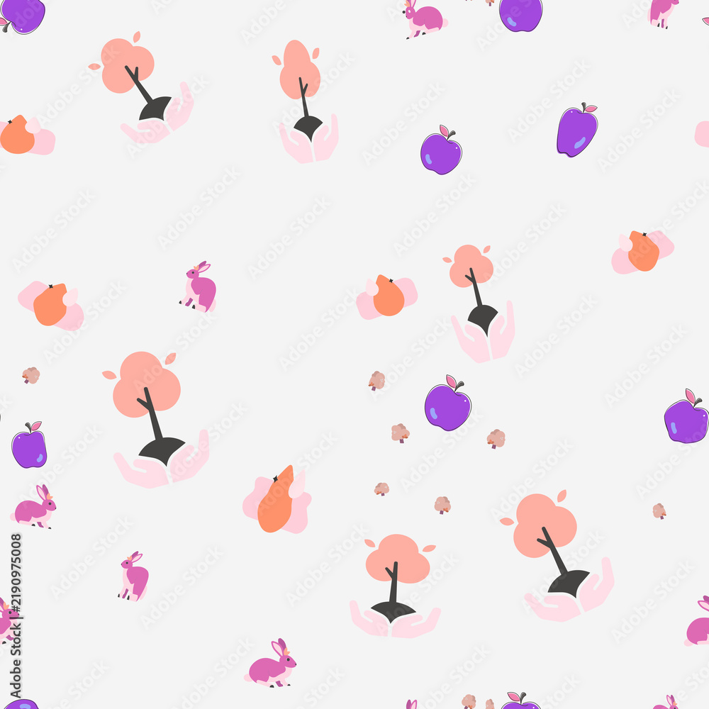 Obraz premium Seamless pattern with stylized trees, apples, and rabbits