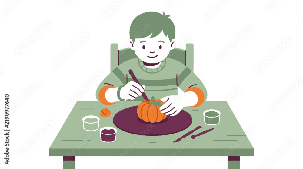 Fototapeta premium Cute little boy sitting at table and painting an orange pumpkin for halloween autumn craft activity vector illustration. EPS Editable. Vector Illustrations.