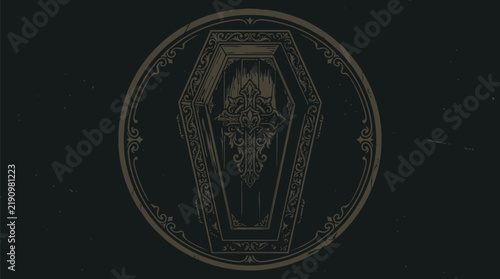 Coffin with ornate cross engraving featuring intricate gothic wood carving details in a circular frame design on white background