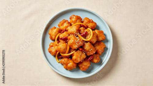 Top-down flat lay shot of crispy orange chicken coated in glossy sauce, garnished with orange peel, red chili peppers and sesame seeds on light blue ceramic plate