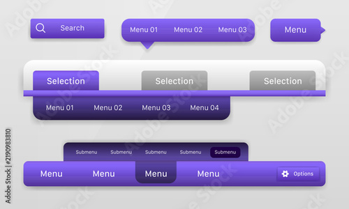 Purple navigation bar UI component set showing search bar popup submenus and tabbed menu elements