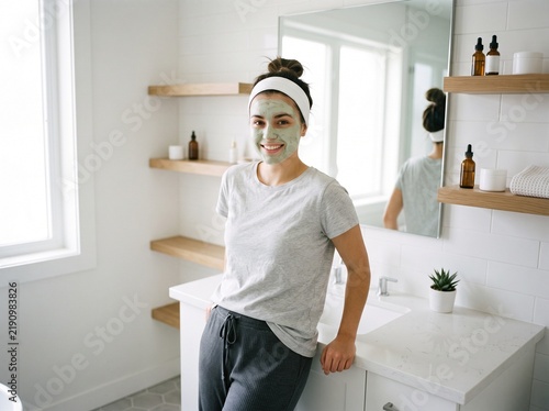 Young Woman Wearing Facial Skincare Mask in Modern Bathroom