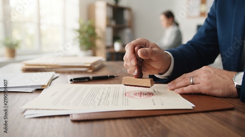 A lawyer meticulously stamps a document, signifying official approval and legal endorsement, in a well-lit, professional office setting.