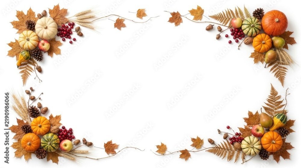 Fototapeta premium Autumn harvest border frame with pumpkins, pears, apples, wheat, and maple leaves on a white background, for seasonal holiday projects