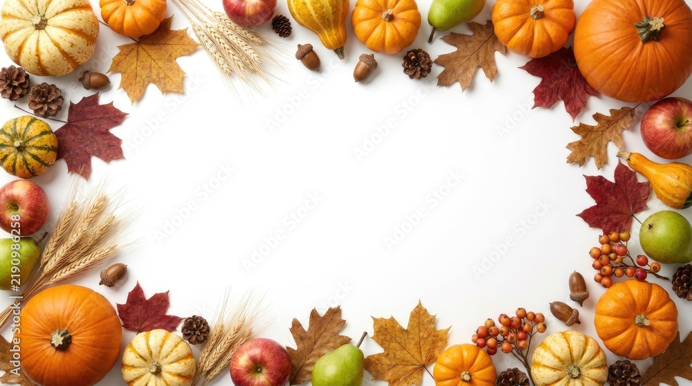 Fototapeta premium Thanksgiving border frame with pumpkins, apples, pears, wheat, acorns, and autumn leaves on a clean white background, for seasonal celebration