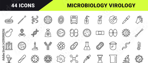 Microbiology line icon set. Vector pictograms of virology, bacteria, virus, and cell elements, thin linear illustration.
