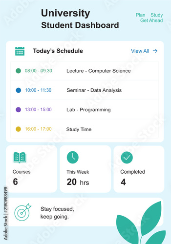 University Student Schedule Dashboard with Classes, Lectures, Study Time and Academic Activities — Student Planner