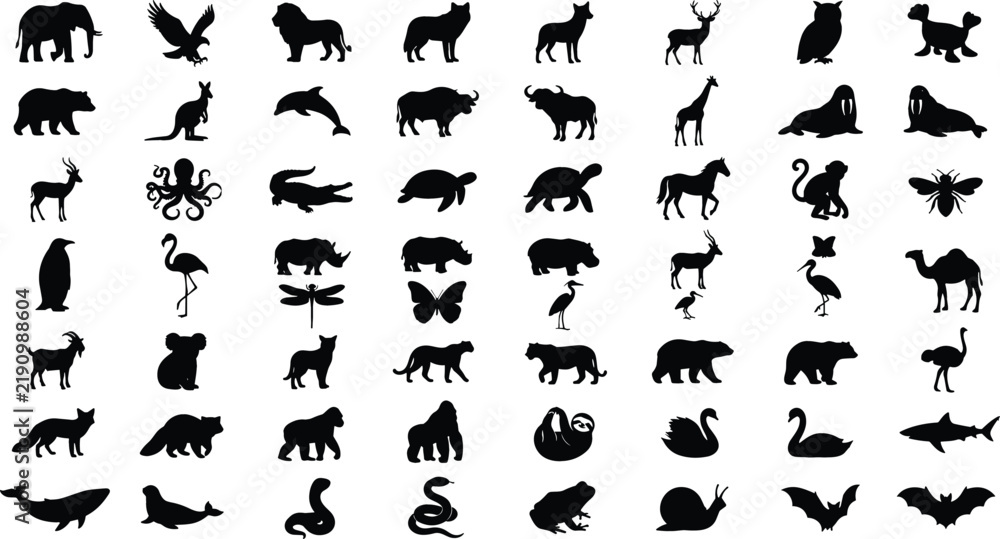 Fototapeta premium Massive graphic bundle featuring diverse wild safari animals marine creatures insects and polar wildlife solid stencil silhouettes