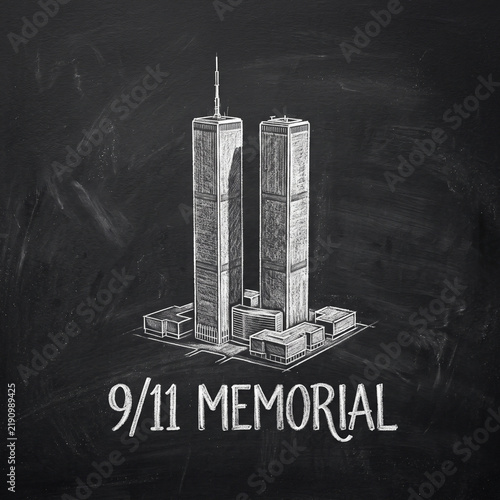 Chalk drawing of the World Trade Center twin towers with 9/11 memorial text on a black chalkboard background