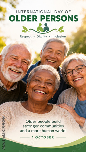 International Day of Older Persons poster with a group of diverse smiling senior citizens