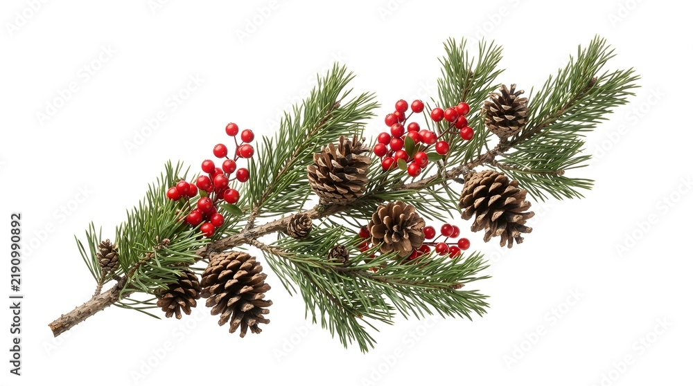 Naklejka premium A festive christmas pine branch decorated with red holly berries and brown pine cones, isolated on white background