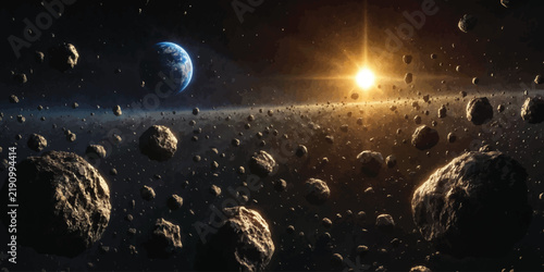 Asteroid field orbiting a distant planet in deep space with outer space exploration planet earth night sky science fiction sci fi travel asteroid astronomy universe sunlight