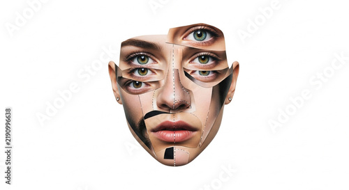 Surreal collage of a human face with multiple eyes and distorted features on white background