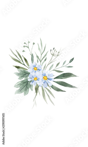 blue floral arrangement watercolor bouquet leaf and flower design element