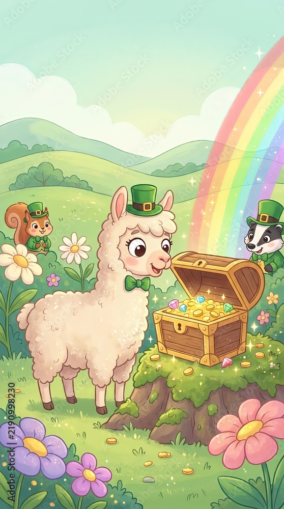 Fototapeta premium Kawaii Leprechaun Animal Characters, Charming Llama with Treasure Chest in Vibrant Landscape