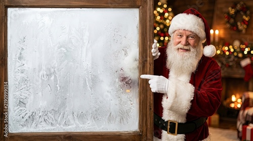 Santa claus peeking from behind a frosted window pane, pointing towards copy space with warm holiday interior background