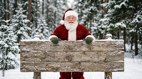 Santa claus standing behind a rustic snow-covered wooden sign with blank space in a winter forest