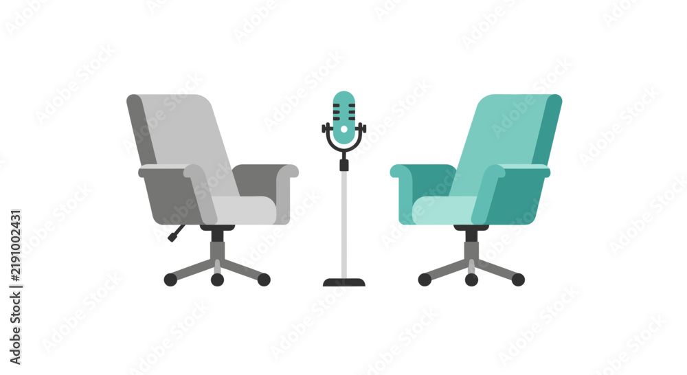 Obraz premium Podcast and Interview Concept Vector Illustration with Two Office Chairs and Microphone