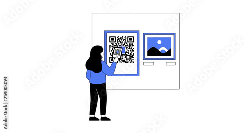 Woman Scanning QR Code at Museum Exhibition with Smartphone Vector Illustration