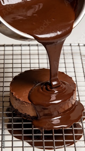High Speed Macro Glossy Dark Chocolate Ganache Pouring Over Frozen Mousse Cake