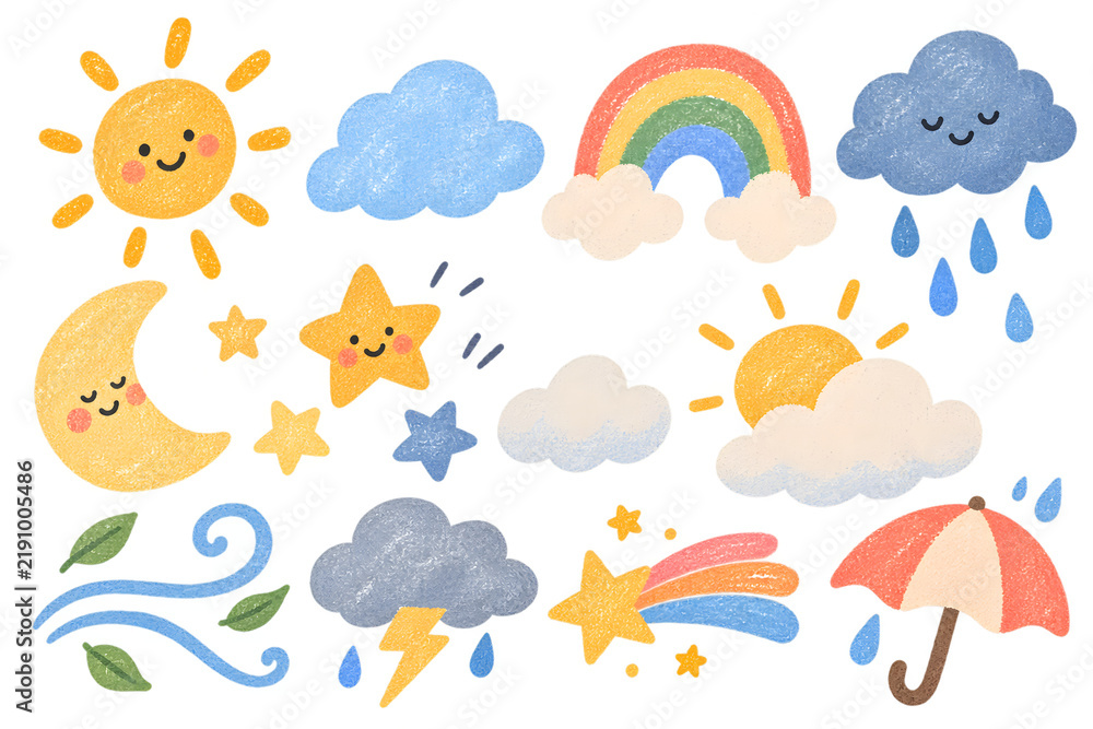 Obraz premium Hand drawn weather forecast elements illustration set