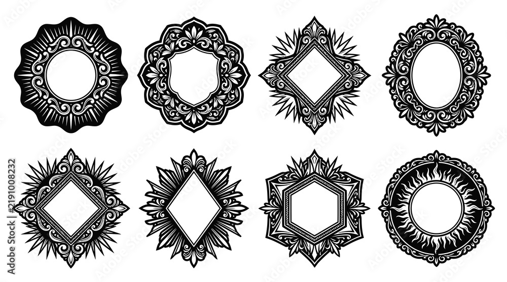 Fototapeta premium Ornate Round Frames with Floral and Sunburst Designs, Black and White Line Art Vector Elements