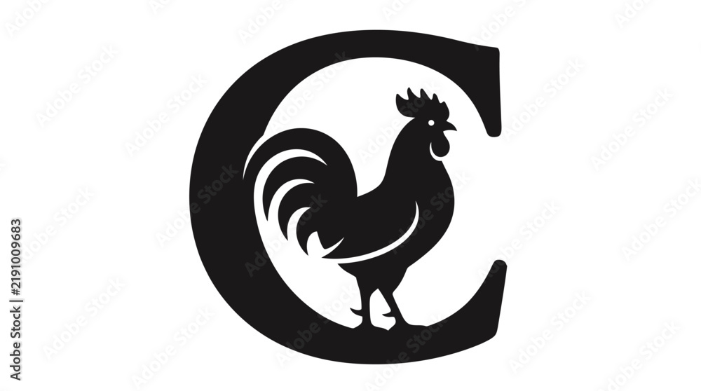 Fototapeta premium Rooster silhouette integrated inside capital letter C