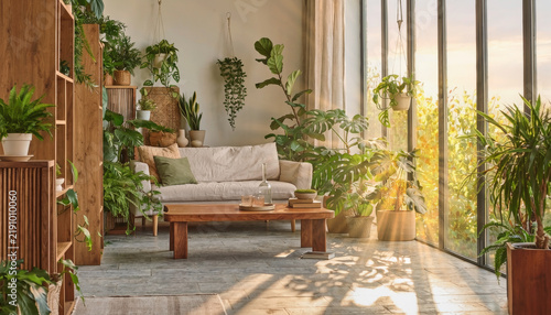 Bright Biophilic Living Room filled with Indoor Plants and Natural Sunlight