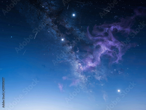 Milky Way galaxy and purple nebula in the night sky