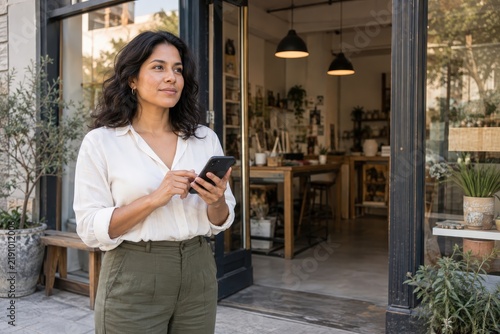 Female entrepreneur using smartphone outside studio