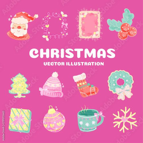 Set of Watercolor Christmas decorations, Vector Illustration.