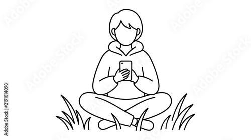 Person in lotus pose using smartphone outdoors, minimal line art illustration, concept of digital connection and relaxation