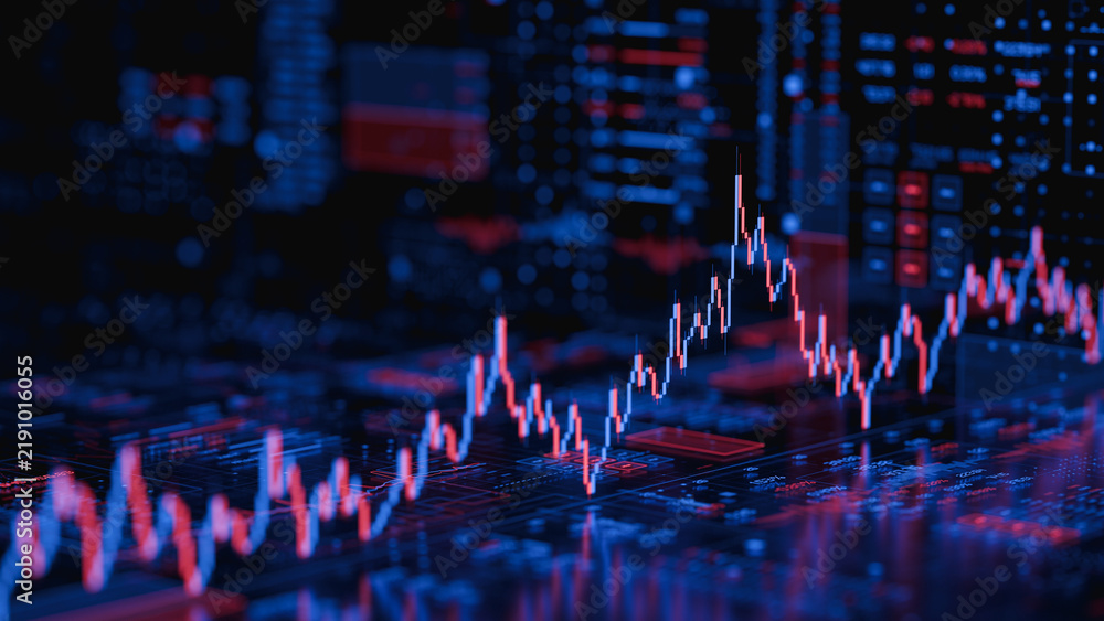 Obraz premium Stock forex financial data document graph chart report statistic marketing research development planning management analysis accounting. Financial business technology hologram concept. 3d rendering.