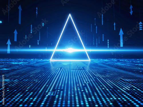 Glowing triangle and upward arrows on a blue tech background