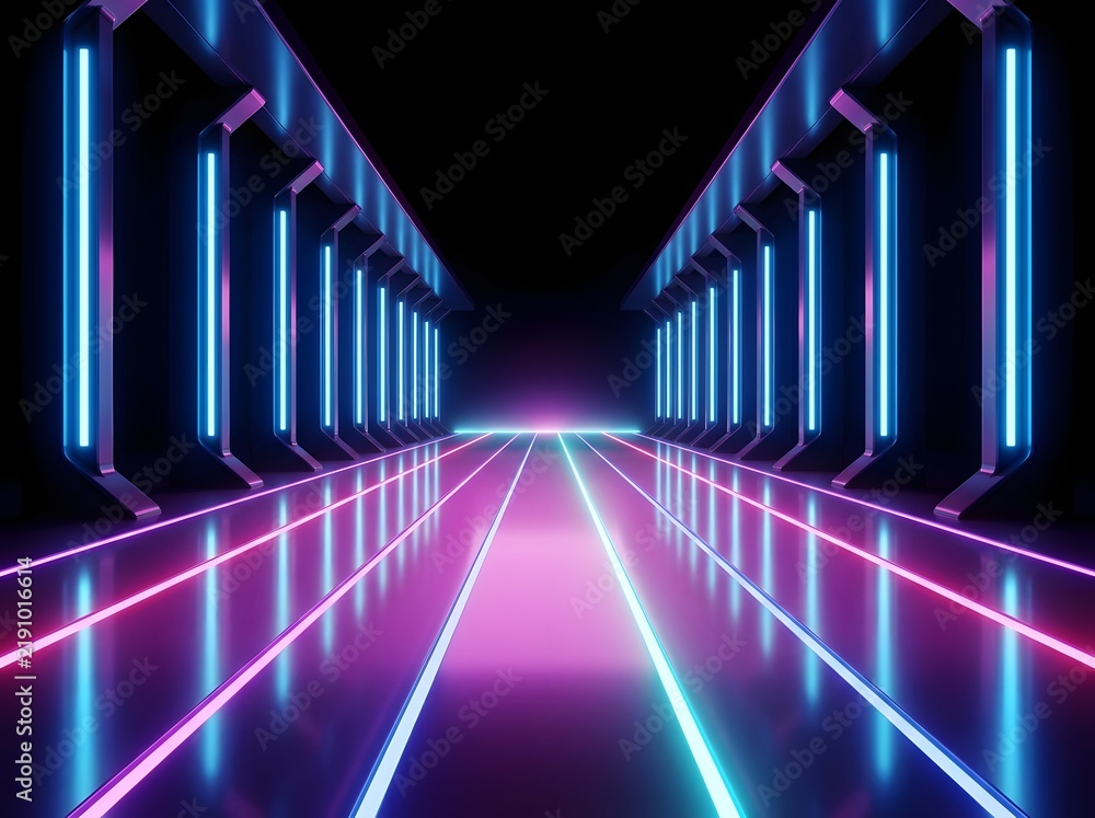 Fototapeta premium Mesmerizing futuristic neon-lit tunnel with glowing blue and purple geometric beams converging into infinity