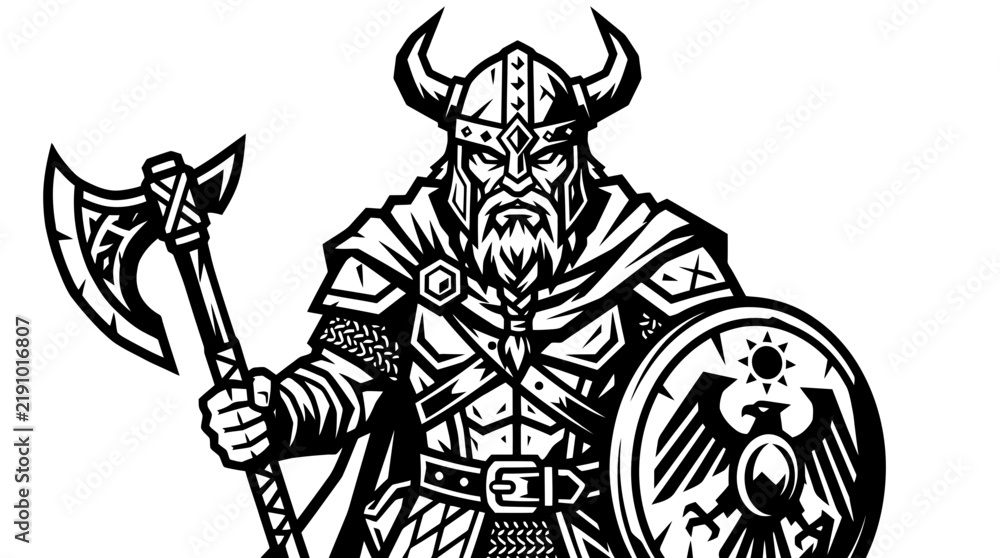 Obraz premium Viking Warrior with Axe and Shield, Isolated