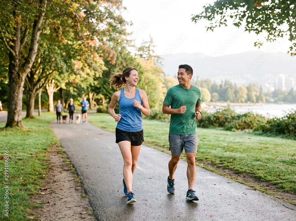 Fototapeta premium Happy couple jogging together on a park path during a morning workout