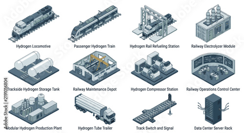 Collection of isometric icons representing hydrogen-powered railway infrastructure and related technologies.