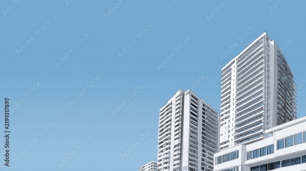 Fototapeta premium Modern Skyscrapers with Clear Blue Sky and Minimalistic Design