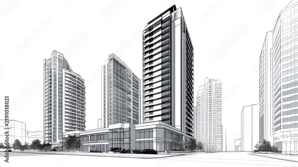 Fototapeta premium Modern Architectural Design of High-Rise Buildings in Urban Landscape